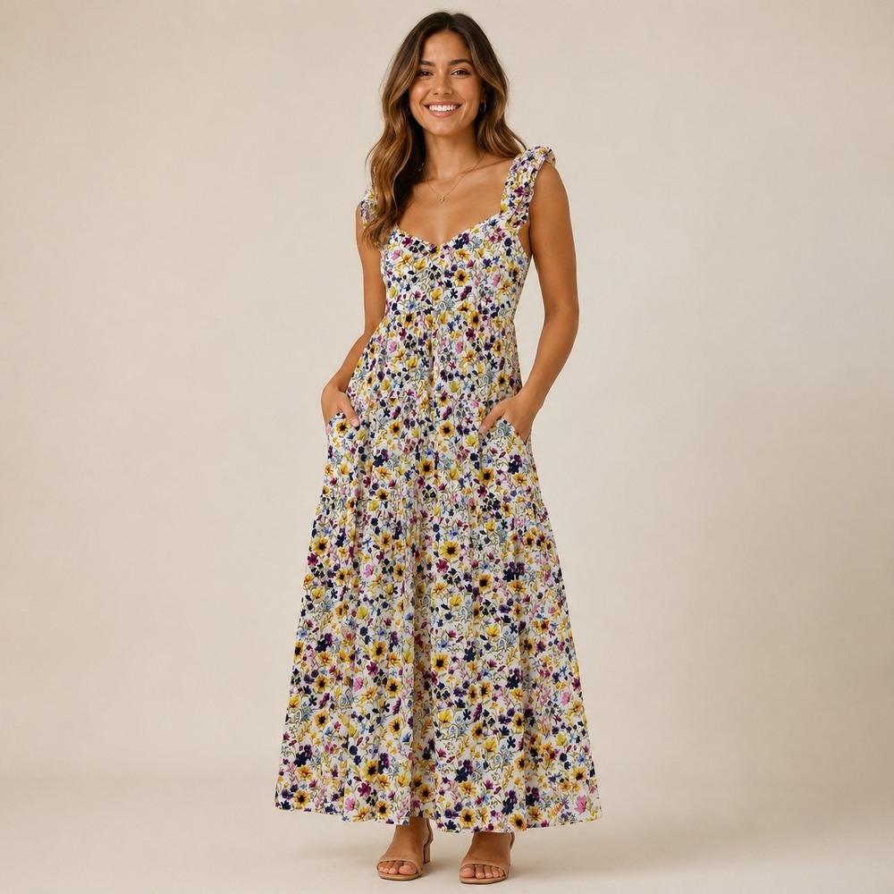 Old Navy Maxi Dress Floral Puff Sleeve Cotton M Romantic Cottagecore